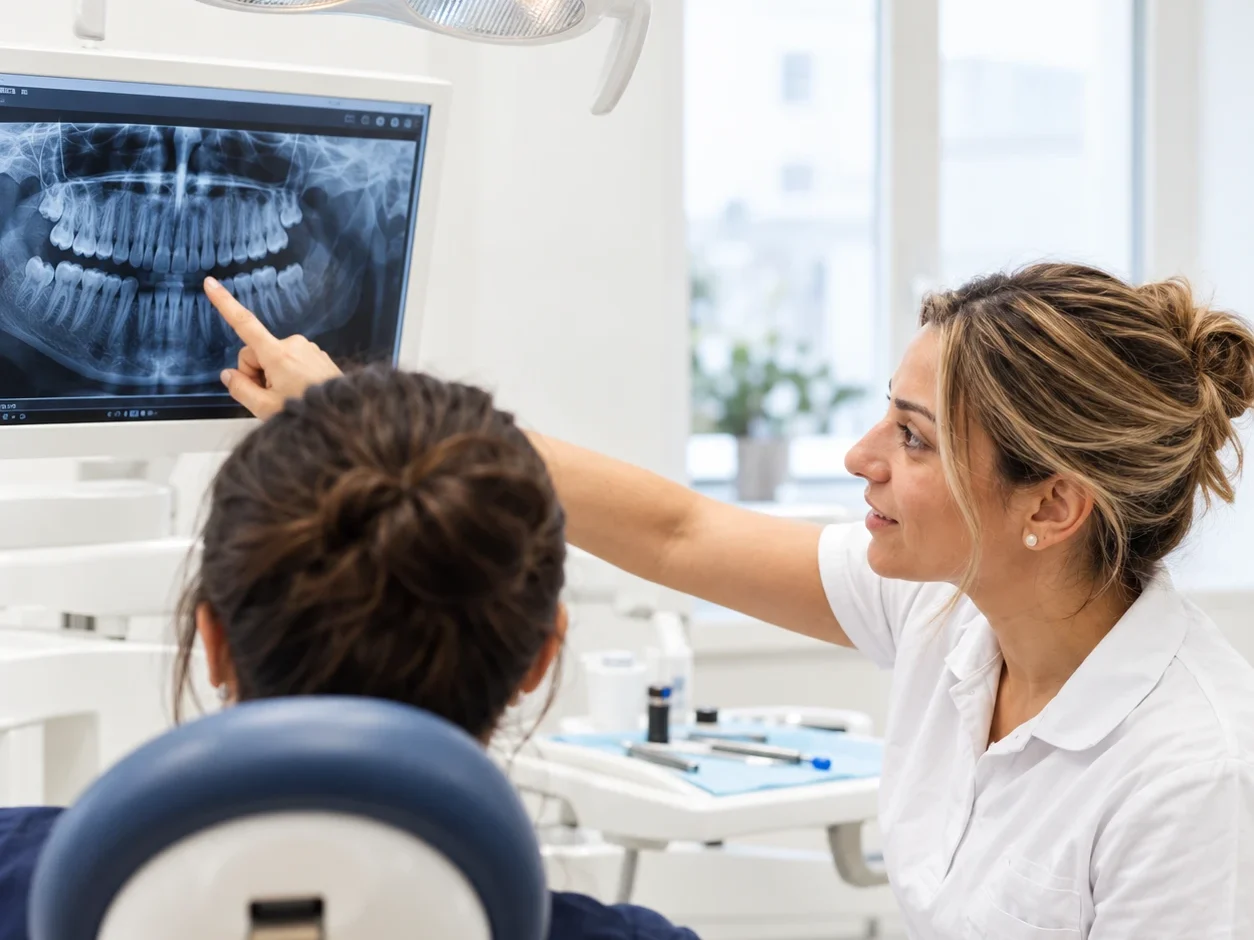 Zahnärztin zeigt einer Patientin am Monitor die digitale Röntgenaufnahme – Behandlungszimmer der Zahnarztpraxis an der Rotackerstrasse in Wallisellen