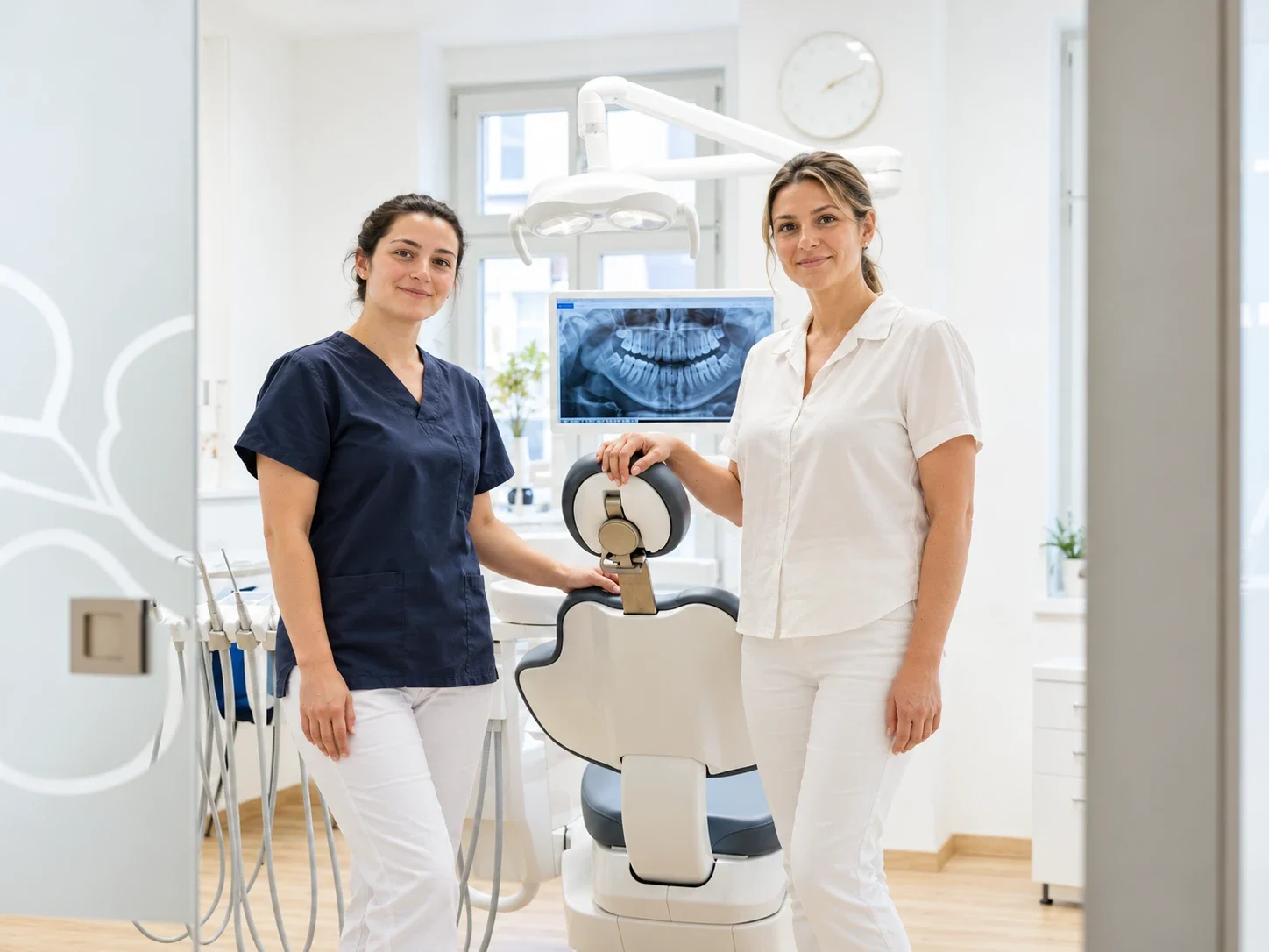 Zahnarzt und Dentalassistentin im Gespräch am Behandlungsstuhl der Praxis an der Rotackerstrasse in Wallisellen