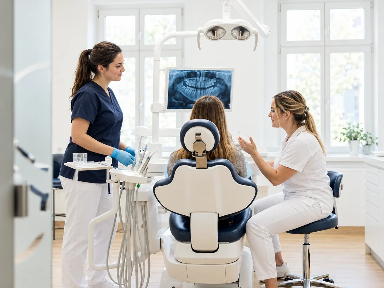 Zahnärztin bespricht mit einer Patientin den Befund am Monitor, während die Assistentin das Dentalmikroskop vorbereitet – Behandlungszimmer in Wallisellen