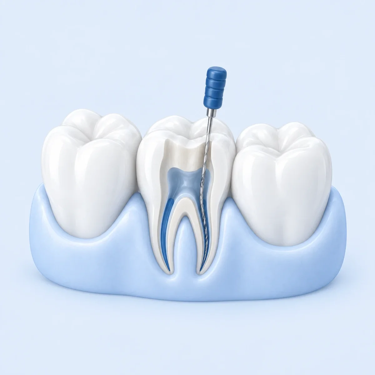 Wurzelbehandlung unter dem Dentalmikroskop: Blick durch die Okulare auf einen isolierten Backenzahn, Zahnarztpraxis in Wallisellen