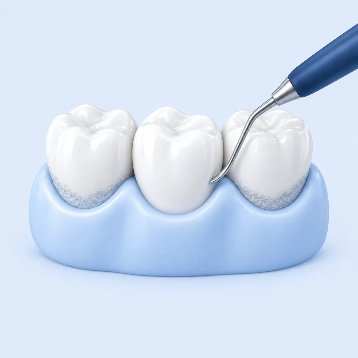 Dentalhygiene-Sitzung in unserer Zahnarztpraxis in Wallisellen: Pulverstrahlgerät löst Verfärbungen von den Frontzähnen einer Patientin